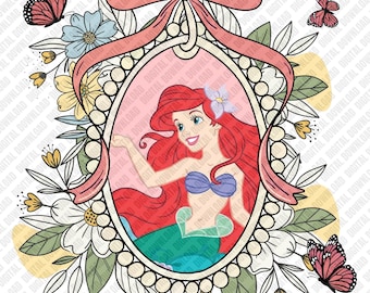 Ariel PNG, Marco floral de La Sirenita para sublimación, Transferencia DTF de sirena retro, Arte digital descargable bajo el mar