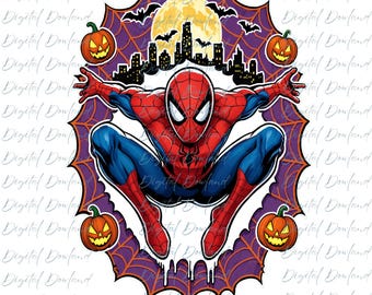 Spider-Man Halloween PNG, Crouching Red and Blue Hero, Full Moon Web Silhouette, Spiderman Trick or Treat, Marvel Halloween Clipart