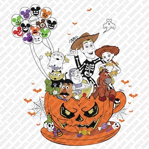 Puede incluir: Ilustración digital con personajes de dibujos animados, incluyendo a Woody y Buzz Lightyear, saliendo de una calabaza tallada. Globos de Mickey Mouse y la palabra "boo" están presentes, junto con murciélagos y telarañas, creando un tema de Halloween.