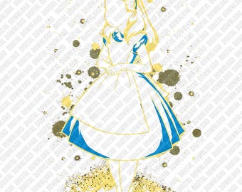 Alice in Wonderland Splatter Silhouette PNG, Retro Alice Blue Dress Sublimation, Magical Girl Wonderland Digital Download
