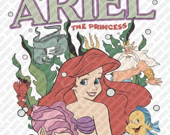 Ariel The Princess PNG, Under The Sea Sublimation, Little Mermaid King Triton Flounder Digital Download, Retro DTF Shirt Art