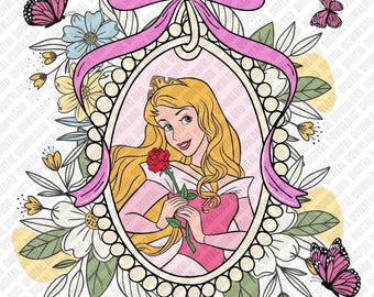 Aurora PNG, marco floral de La Bella Durmiente para sublimación, transferencia DTF de princesa retro, vestido rosa para descarga digital.