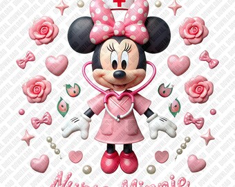 Sjuksköterska Minnie PNG rosa scrub klänning hjärtan och rosor sjukvårdspersonal hjälte gåva sublimering DTF överföring digital nedladdning konst