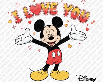 Musse Pigg Jag älskar dig PNG Alla hjärtans dag sublimering rött hjärta stjärnor musiknoter DTF överföring digital nedladdning konst karaktär klistermärke grafik