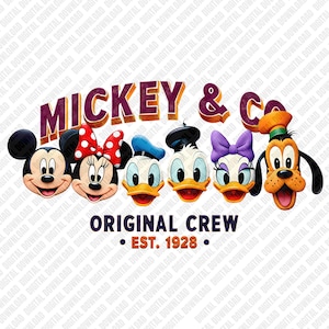 May include: A colorful graphic featuring Mickey Mouse, Minnie Mouse, Donald Duck, Daisy Duck, Goofy, and Pluto. The text "MICKEY & Co." arches above the characters, with "ORIGINAL CREW" and "EST. 1928" below. The design has a vintage, cartoon style.