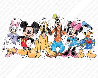 Mickey and Friends PNG, Retro Distressed Character Lineup Sublimation, Vintage Disney Squad DTF Transfer, Family Vacation Digital Art
