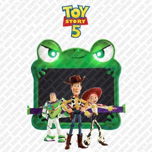 May include: A digital download graphic featuring characters from Toy Story 5. The design includes Woody, Buzz Lightyear, and Jessie, set against a green frog-shaped frame with the movie title at the top. The background is a repeating pattern of "Digital Download".