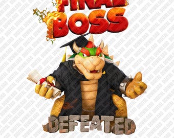 Boss finale sconfitto PNG, Bowser laureato download digitale, design per sublimazione classe 2026, maglietta da gioco dell'ultimo anno PNG, clipart magica