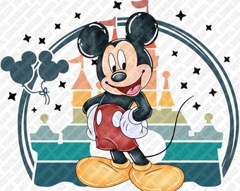 Mickey Mouse PNG, Sublimación de Castillo Retro, Transferencia DTF de Reino Mágico Vintage, Arte Digital con Ambiente Vacacional para Descarga