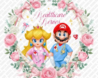 Hälsovårdshjältar PNG Prinsessan Peach Mario Sjuksköterska Rosa Rosor Blommig Krans Medicinsk Professionell Sublimering DTF Transfer Digital Nedladdning