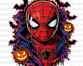 Spider-Man Halloween PNG, Spooky Ink Drips Clipart, Pumpkin Bats Spider Web Design, Marvel Superhero Sublimation, Spiderman Download