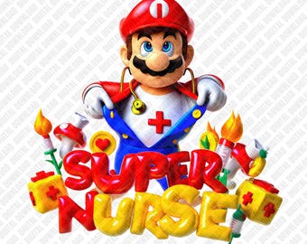 Supersjuksköterska PNG Mario rörmokare medicinsk professionell hjälte sjukhusarbetare gåva sublimering DTF överföring digital nedladdning konst
