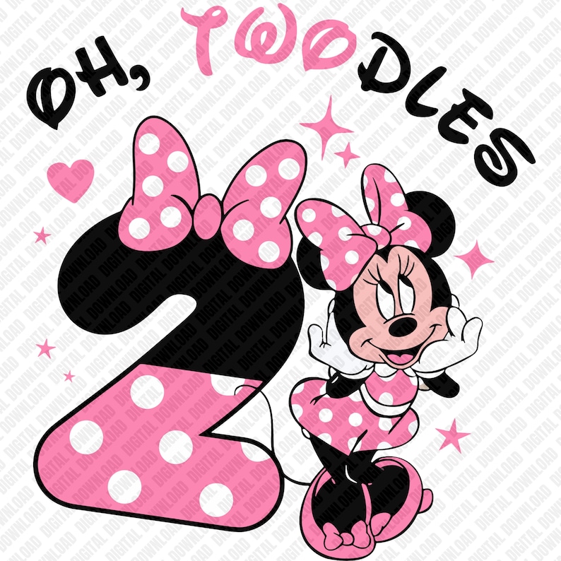 May include: A digital graphic featuring Minnie Mouse with the text "Oh, Twoodles." Minnie Mouse is in a pink polka dot dress and bow. The number "2" is pink with white polka dots. Pink stars and hearts are scattered around the design.