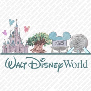 以下が含まれることがあります： ウォルト・ディズニー・ワールドの象徴的なランドマークを描いたデジタルイラスト。シンデレラ城、生命の木、ハリウッド・スタジオの看板、スペースシップアースが含まれています。「Walt Disney World」の文字はティールスクリプトで書かれています。