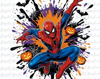 Spider-Man Halloween PNG, Marvel Spiderman Sublimation, Orange Purple Splatter Art, Leaping Spider Webs Clipart, Jack-O-Lantern Bats