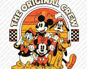 Den ursprungliga besättningen PNG Retro solnedgång sublimering Mickey Minnie Donald Goofy Pluto DTF överföring digital nedladdning konst karaktär klistermärke grafik