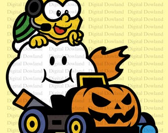 Halloween Lakitu PNG, Spooky Pumpkin Kart Download digitale, Cloud Racer Design per sublimazione, Maglietta di Halloween per videogiochi PNG, Clip art magica