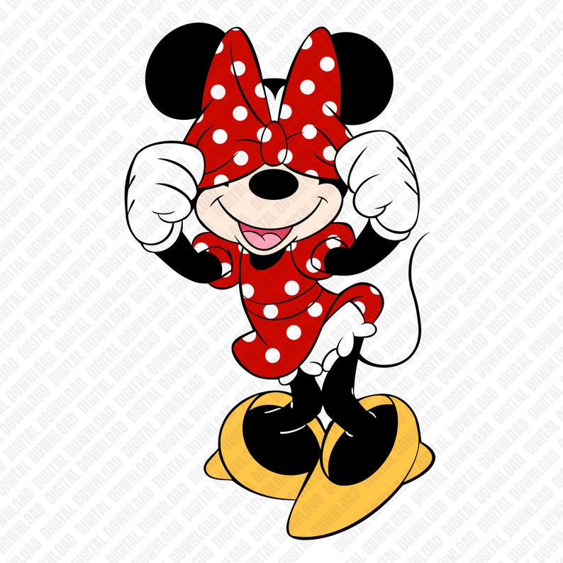 K&ouml;nnte beinhalten: Eine Cartoon-Illustration von Minnie Mouse, einer beliebten Disney-Figur. Sie tr&auml;gt ein rotes Kleid mit wei&szlig;en Punkten, eine passende Schleife und gelbe Schuhe. Ihre Arme sind erhoben, und sie l&auml;chelt.
