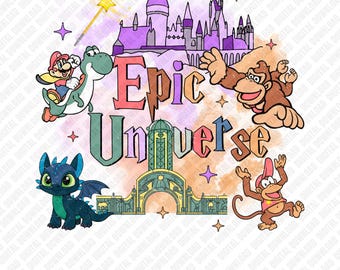 Epic Universe PNG Mario Yoshi Donkey Kong PNG, Trollkarlsslottet Tandlös Drake T-shirtdesign, Magical Park Vacation Squad Clipart