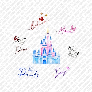 May include: A digital graphic featuring a pink and blue castle, Disney character illustrations, and various names in cursive script. Includes images of Mickey Mouse, Donald Duck, and Minnie Mouse.