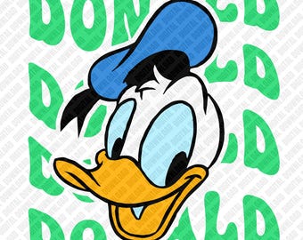 Donald Duck PNG Texto ondulado verde Sublimación Retro Donald DTF Transferencia Personaje clásico Descarga digital Arte Disney Fan Art Póster Pegatina