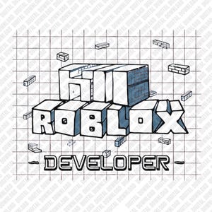 May include: A black and white graphic with the word "ROBLOX" in large, blocky letters, with the word "DEVELOPER" below. The letters are outlined in black and shaded with blue. The background has a grid pattern with small brick-like shapes.