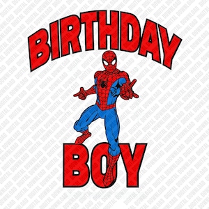 Può includere: Grafica digitale con Spider-Man in posa dinamica, con le parole "BIRTHDAY BOY" in lettere rosse in grassetto. Il supereroe è nel suo classico costume rosso e blu, con le braccia tese.
