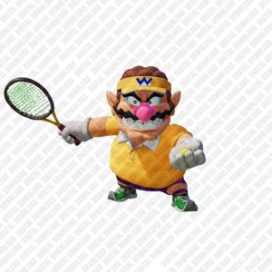 Könnte beinhalten: Digitale Illustration einer Zeichentrickfigur in Tennisbekleidung. Die Figur mit gelbem Hemd und lila Shorts hält einen Tennisschläger und einen Tennisball. Die Figur hat eine große Nase, einen Schnurrbart und ein Stirnband.
