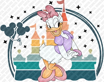 Daisy Duck PNG, Sublimación de Castillo Retro, Transferencia DTF de Reino Mágico Vintage, Arte Digital con Ambiente Vacacional para Descarga