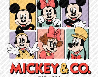 Mickey and Co PNG, Vintage Character Panel Sublimation, Retro Est 1928 Mickey Minnie Donald Daisy Digital Download, DTF Family Shirt Art