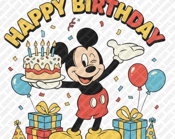 Grattis på födelsedagen Mickey PNG Mickey Mouse födelsedag sublimering tårta ballonger presenter DTF överföring digital nedladdning konst karaktär klistermärke grafik