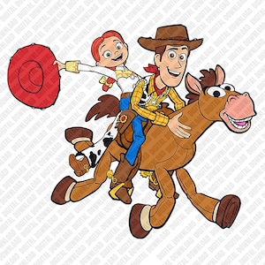 May include: A digital illustration featuring characters from the animated film, Toy Story. Woody, in a cowboy hat and vest, rides a brown horse with Jessie, holding a red lasso. The image has a white background.