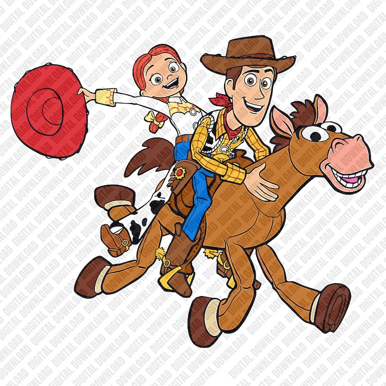 May include: A digital illustration featuring characters from the animated film, Toy Story. Woody, in a cowboy hat and vest, rides a brown horse with Jessie, holding a red lasso. The image has a white background.