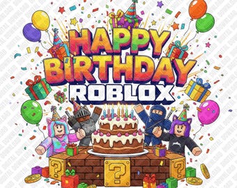 Grattis på födelsedagen Roblox PNG Gaming Födelsedagssublimering Ninja Knight Enhörningstårta Ballonger DTF Transfer Digital Nedladdning Konst Karaktärsklistermärke