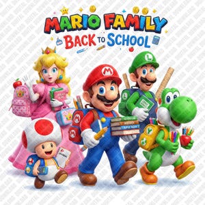 Könnte beinhalten: Eine digitale Grafik mit Mario, Luigi, Prinzessin Peach, Toad und Yoshi mit Schulsachen. Der Text lautet MARIO FAMILY BACK TO SCHOOL. Die Figuren tragen Rucksäcke und halten Bücher, Stifte und Notizbücher vor einem weißen Hintergrund.