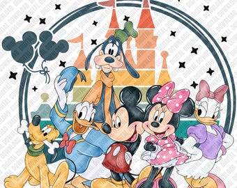 Mickey and Friends Retro Castle PNG, Vintage Sunset Sublimation Design, Magical Vacation Family Shirt Art, Donald Goofy Daisy DTF Download