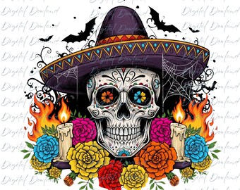 Sugar Skull Halloween PNG, Dia de los Muertos Sombrero Skull, Day of the Dead Sublimation, Purple Sombrero Skull Download, Floral Clipart