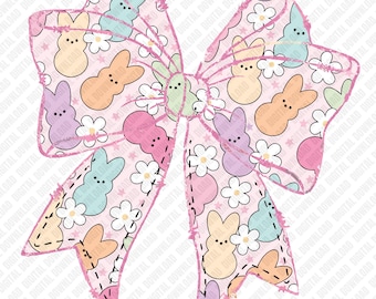 Wielkanocna kokarda Peeps PNG, uroczy pastelowy wzór kokardy z króliczkiem, wiosenna grafika wstążki wielkanocnej, nadruk na koszulce z króliczkiem Peeps