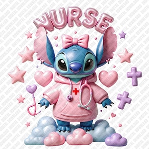 May include: A digital illustration featuring a blue cartoon character in a pink nurse's uniform, stethoscope, and bow. The word "NURSE" is spelled out in pink balloon letters above the character. Pink hearts, stars, clouds, and crosses surround the character.