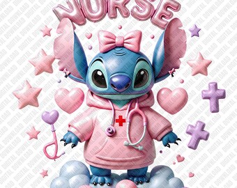 Stitch sjuksköterska PNG Alien medicinsk professionell hälsovårdshjälte rosa uniform sublimering DTF överföring digital nedladdning konstkaraktär