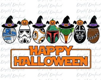 Star Wars Characters Halloween PNG, Spooky Witch Hats Cartoon, Orange Text Pumpkin Heads Clipart, Star Wars Pumpkin Head Sublimation