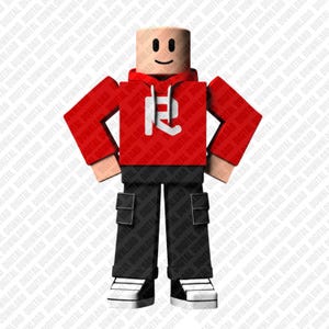 May include: A blocky, stylized character figure with a tan head and a simple black smile. The figure wears a bright red hooded sweatshirt featuring a white letter R on the chest, paired with dark gray cargo pants and white sneakers with black soles.