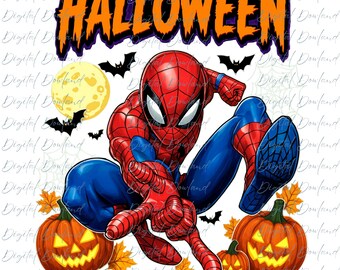 Spider-Man Halloween PNG, Marvel Superhero Halloween Clipart, Crouching Spider-Man Moon, Spiderman Jack O Lantern, Kids Pumpkin Download