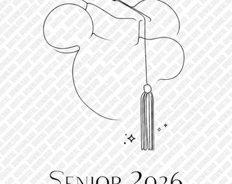 Illustrazione PNG di Topolino Senior 2026, design minimalista delle orecchie da laurea, download digitale Disney Classe 2026, file di trasferimento DTF semplice per studenti dell'ultimo anno.