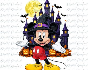 Mickey Mouse Halloween PNG, Disney Halloween Shirt PNG, Witch Hat Haunted Castle Graphic, Spooky Mickey Mouse Design, Purple Orange Cartoon