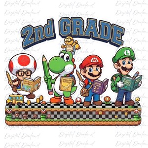 May include: A graphic illustration featuring the text 2nd GRADE above four cartoon characters standing on a checkered platform. The characters include a mushroom-headed figure, a green dinosaur, a plumber in red, and a plumber in green, all holding school supplies and books labeled World History, Spelling Workbook, Math, and Earth Science Atlas.