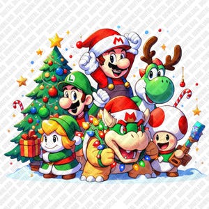 Peut inclure: Une illustration numérique montrant Mario, Luigi, Yoshi, Bowser et Toad célébrant Noël. Les personnages portent des bonnets festifs et des accessoires près d'un sapin décoré avec des boules, un cadeau et des guirlandes lumineuses colorées.