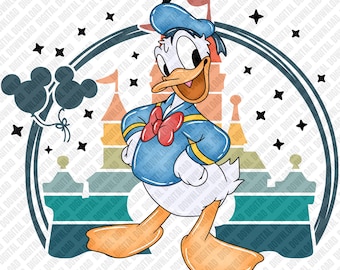 Donald Duck PNG, Sublimación de Castillo Retro, Transferencia DTF de Reino Mágico Vintage, Arte Digital con Ambiente Vacacional para Descarga