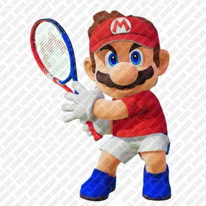 Könnte beinhalten: Eine digitale Illustration einer Zeichentrickfigur in einem roten Hemd, weißen Shorts und blauen Schuhen, die einen Tennisschläger hält. Die Figur trägt eine rote Kappe mit einem weißen "M" darauf. Der Hintergrund ist ein sich wiederholendes Muster der Worte "DIGITAL DOWNLOAD".