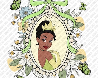 Tiana PNG, marco floral de la princesa y el sapo para sublimación, transferencia DTF retro de Tiana, arte digital descargable de Nueva Orleans